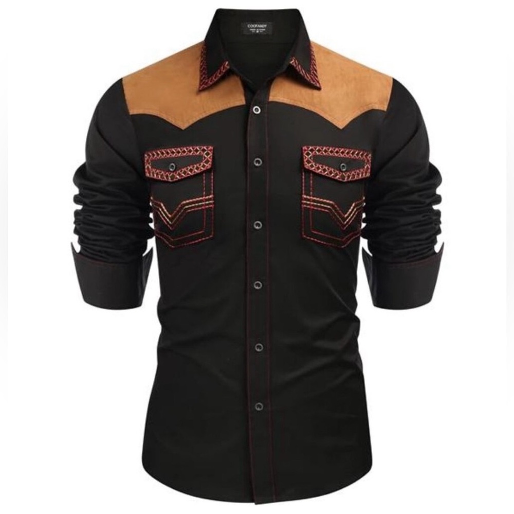 Men's Black and Brown Western Button Down Shirt
